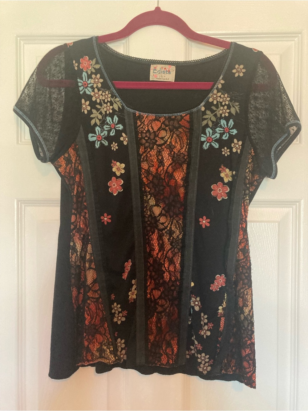 Edista Black Floral Lace Overlay Short Sleeve Top, Size Large